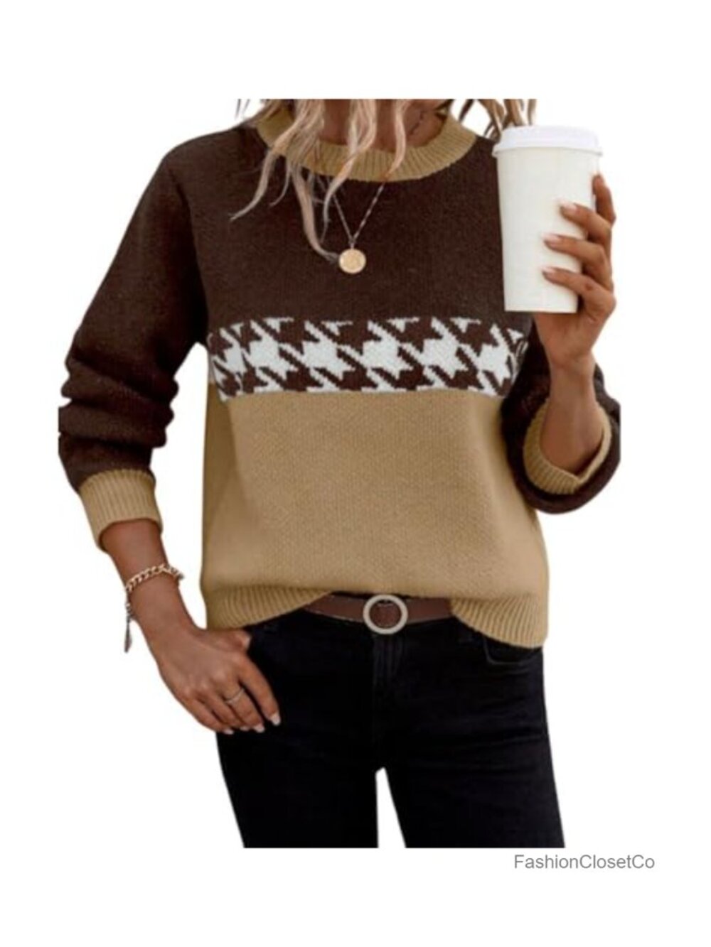 Women's Houndstooth Color Block Knit Pullover Sweater Long Sleeve Crew Neck